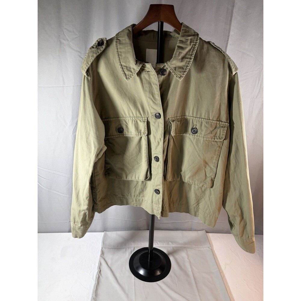 H&M Women’s Olive Utility Cargo Jacket Pockets Collared Front Button, Medium